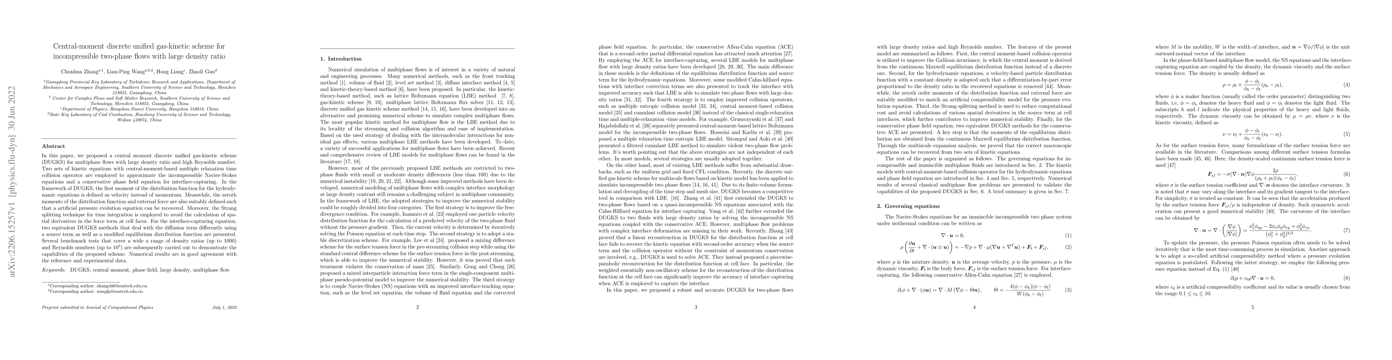 Thumbnail for Central-moment discrete unified gas-kinetic scheme for incompressible
  two-phase flows with large density ratio