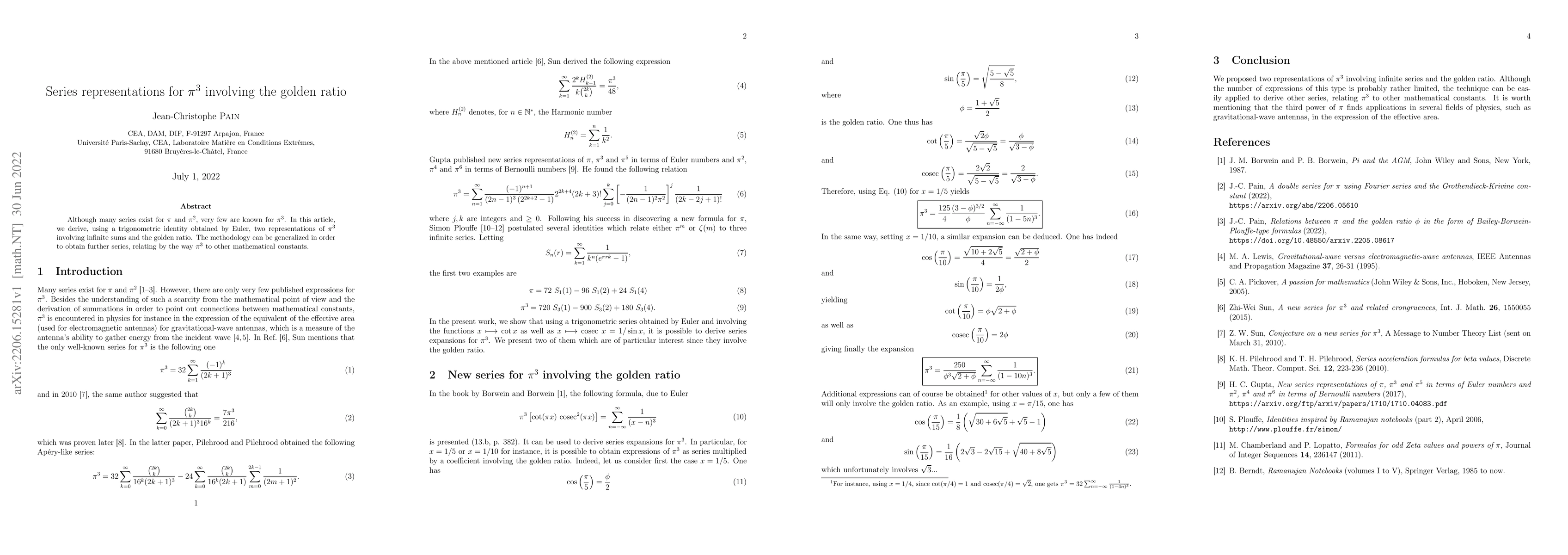 Thumbnail for Series representations for $\pi^3$ involving the golden ratio