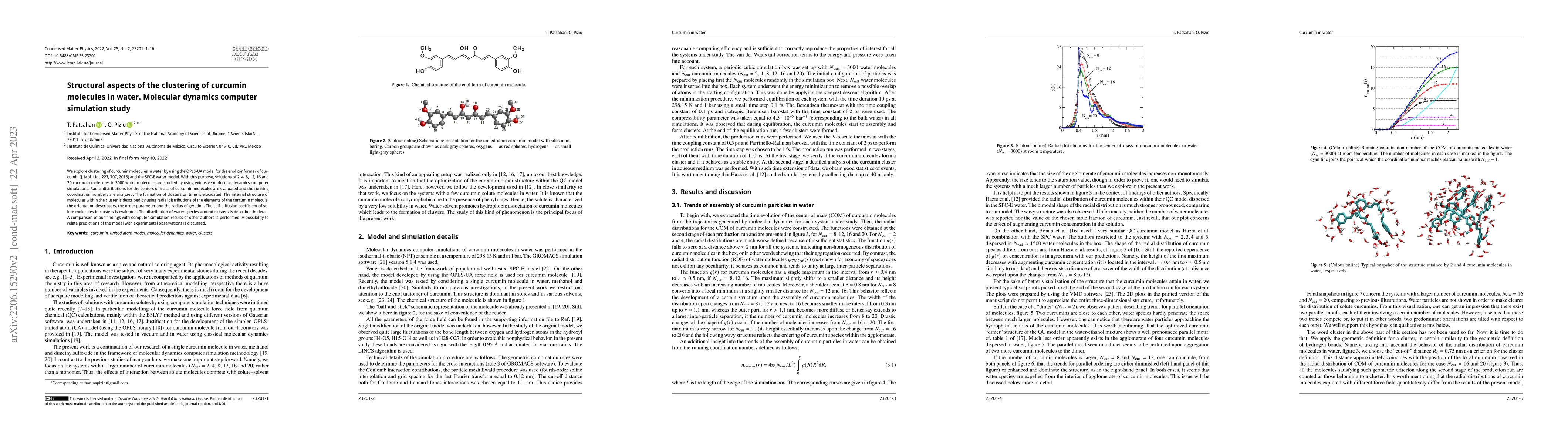 Thumbnail for Structural aspects of the clustering of curcumin molecules in water.
  Molecular dynamics computer simulation study