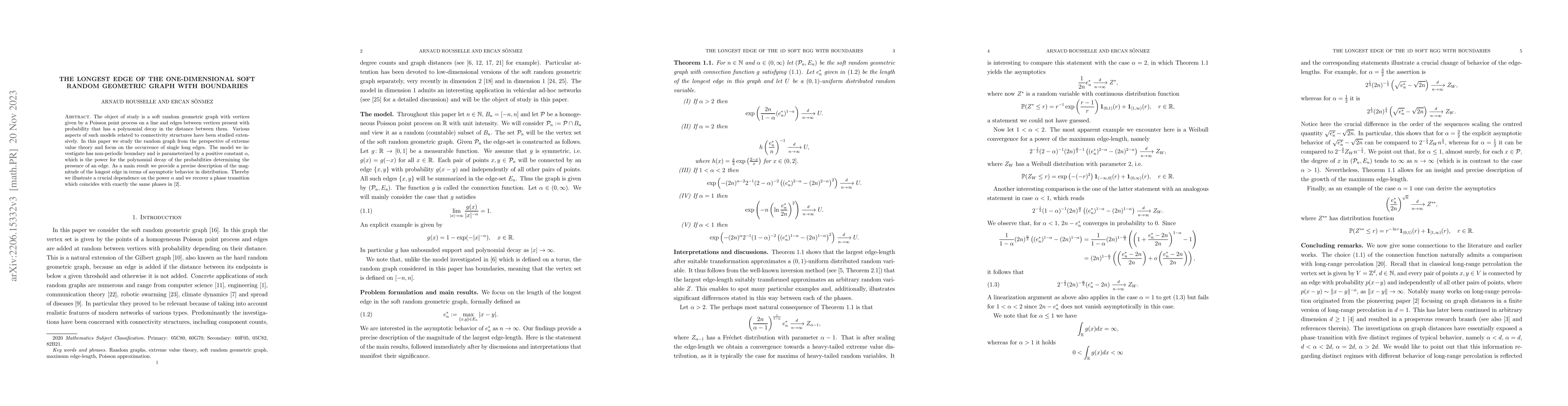 Thumbnail for The longest edge of the one-dimensional soft random geometric graph with
  boundaries
