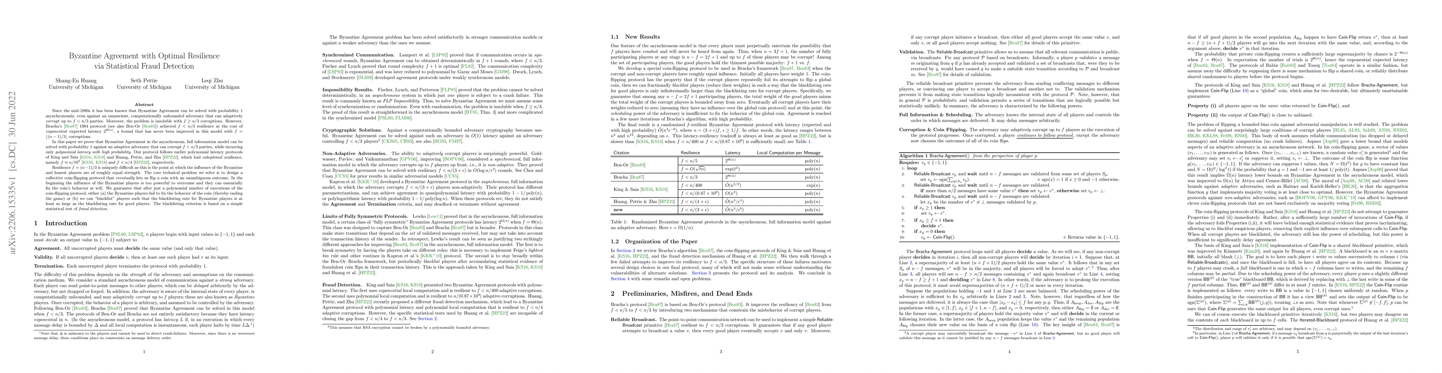Thumbnail for Byzantine Agreement with Optimal Resilience via Statistical Fraud
  Detection