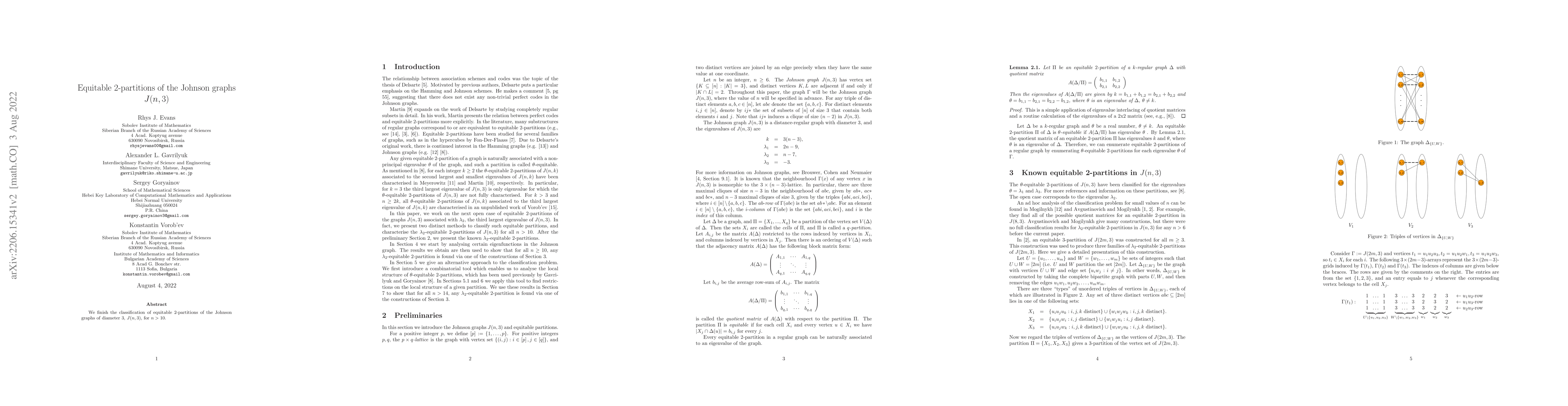 Thumbnail for Equitable 2-partitions of the Johnson graphs $J(n,3)$
