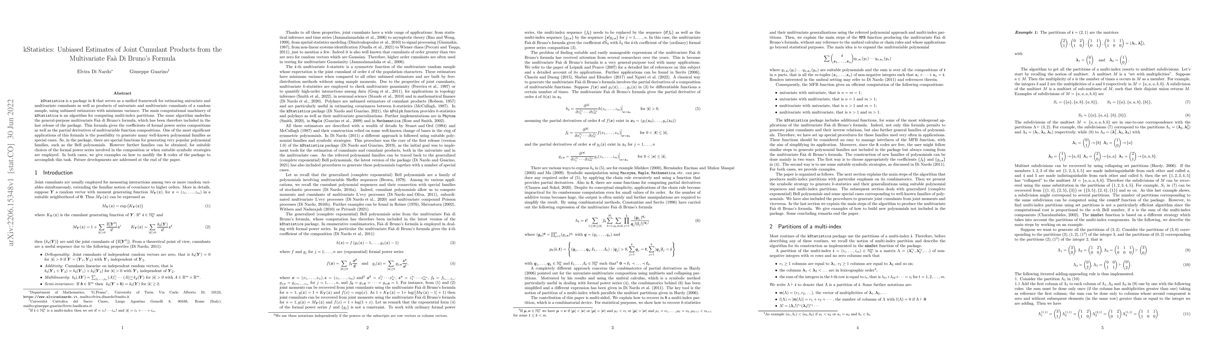 Thumbnail for kStatistics: Unbiased Estimates of Joint Cumulant Products from the
  Multivariate Fa\`a Di Bruno's Formula