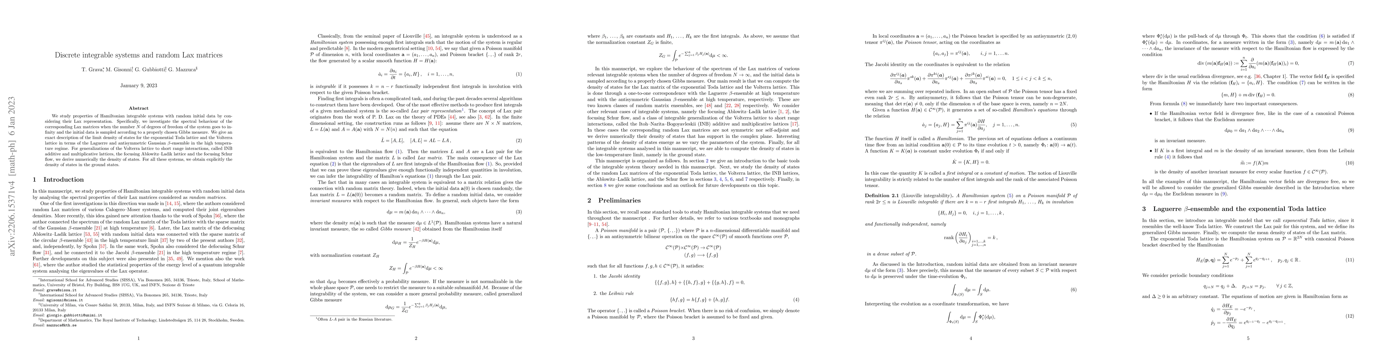 Thumbnail for Discrete integrable systems and random Lax matrices