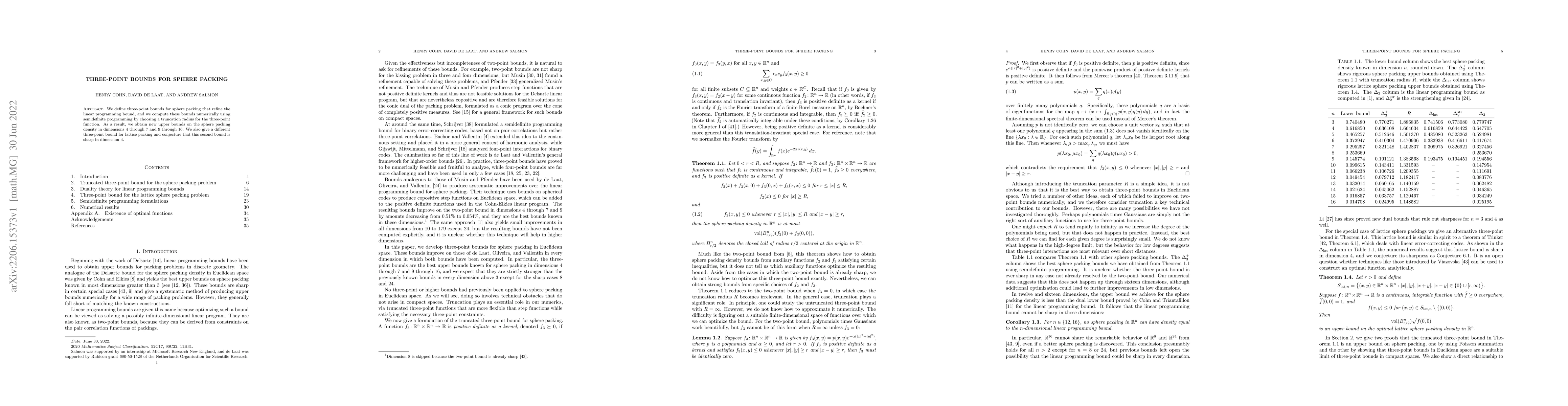 Thumbnail for Three-point bounds for sphere packing