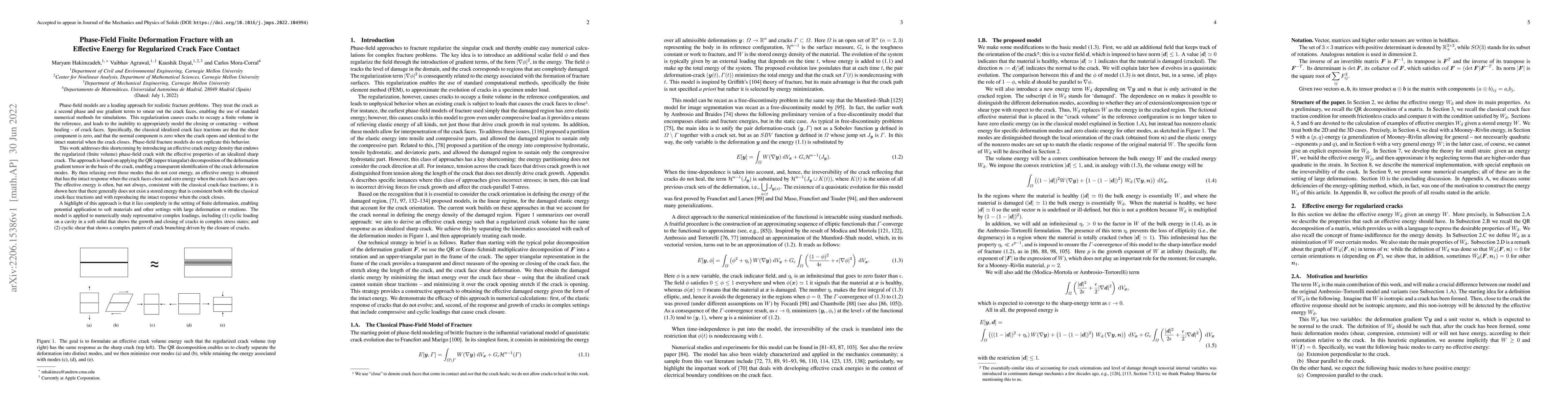 Thumbnail for Phase-Field Finite Deformation Fracture with an Effective Energy for
  Regularized Crack Face Contact