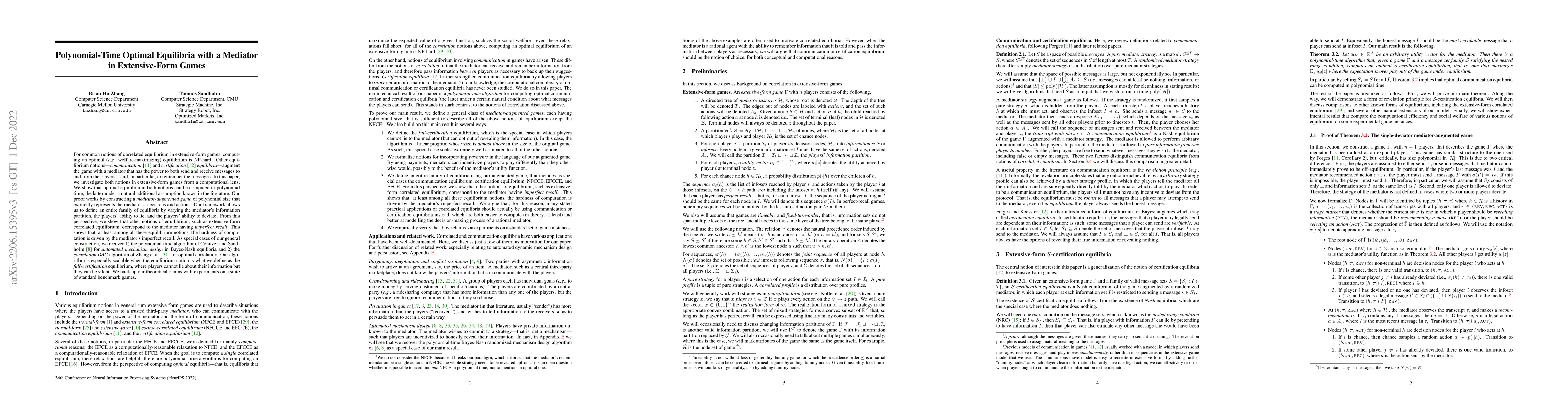 Thumbnail for Polynomial-Time Optimal Equilibria with a Mediator in Extensive-Form
  Games