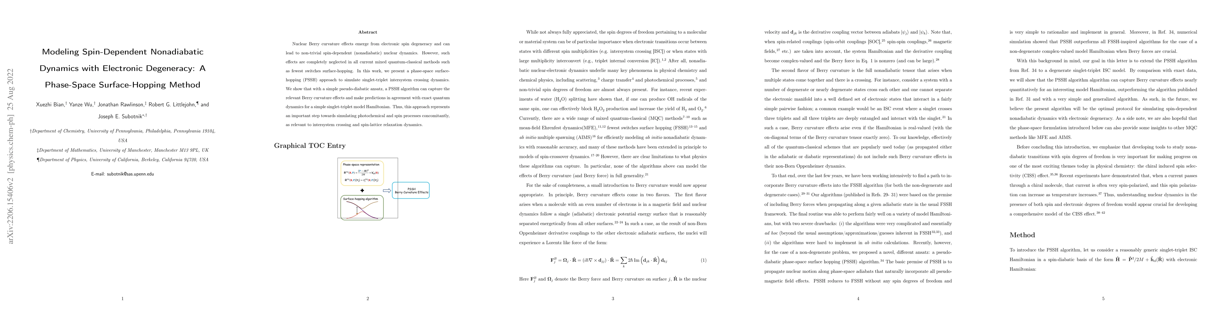 Thumbnail for Modeling Spin-Dependent Nonadiabatic Dynamics with Electronic
  Degeneracy: A Phase-Space Surface-Hopping Method