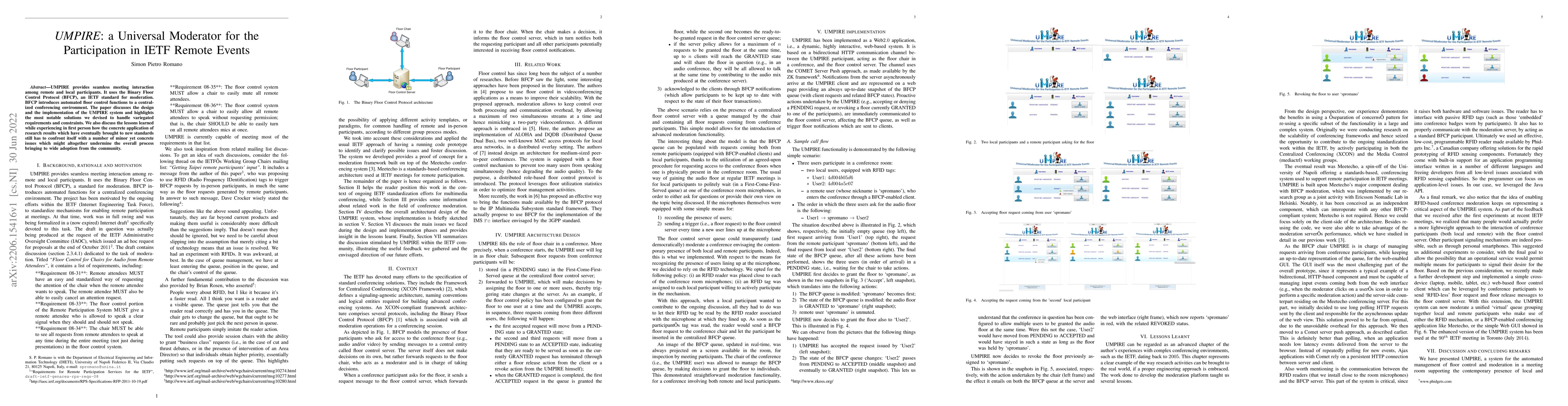 Thumbnail for UMPIRE: A Universal Moderator for the Participation in IETF Remote
  Events