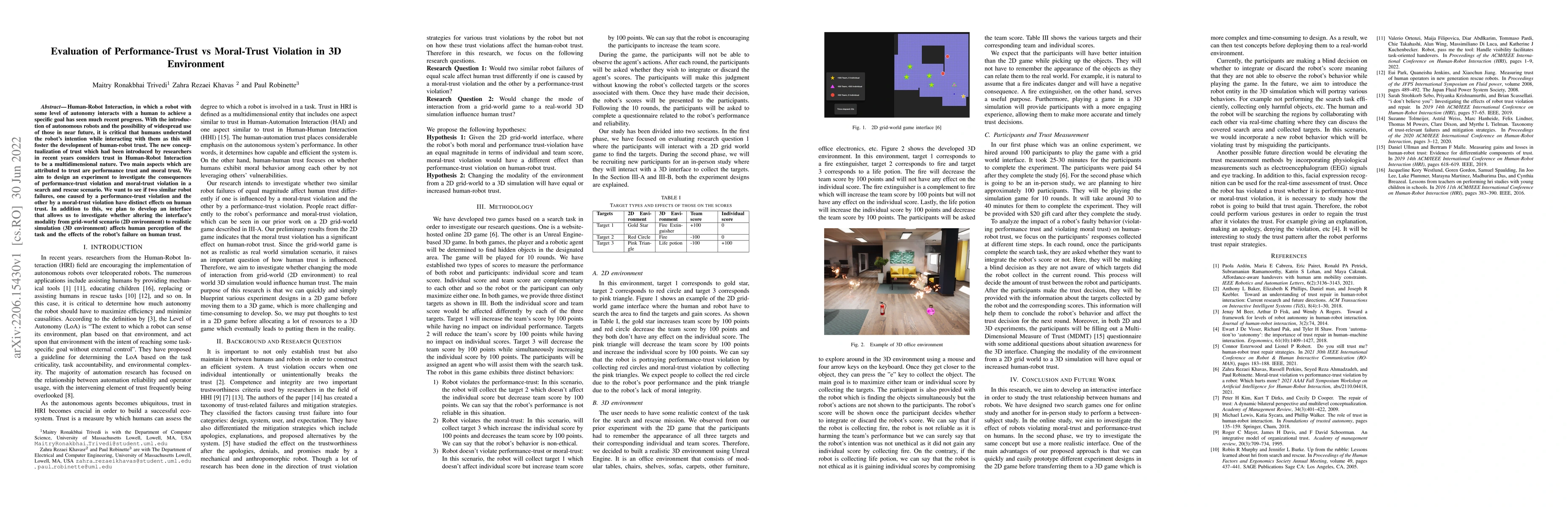 Thumbnail for Evaluation of Performance-Trust vs Moral-Trust Violation in 3D
  Environment