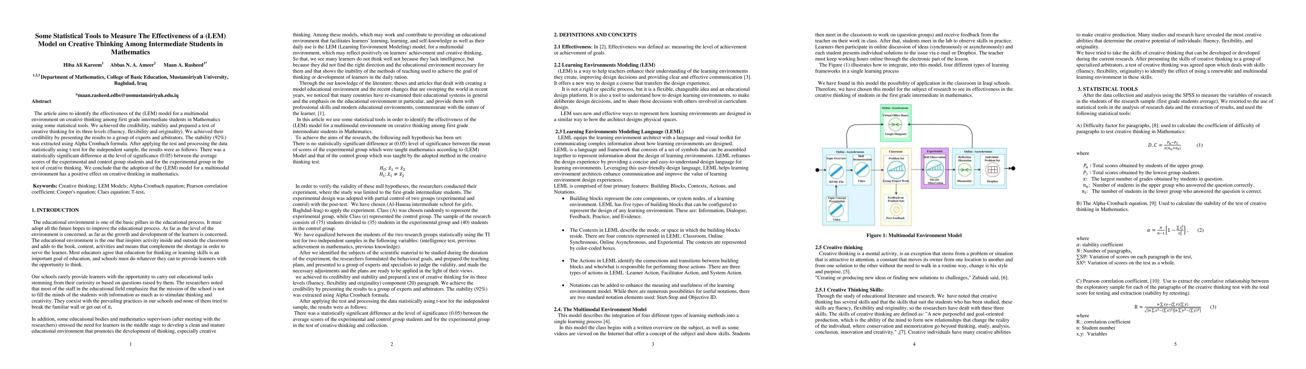 Thumbnail for Some Statistical Tools to Measure The Effectiveness of a (LEM) Model on
  Creative Thinking Among Intermediate Students in Mathematics