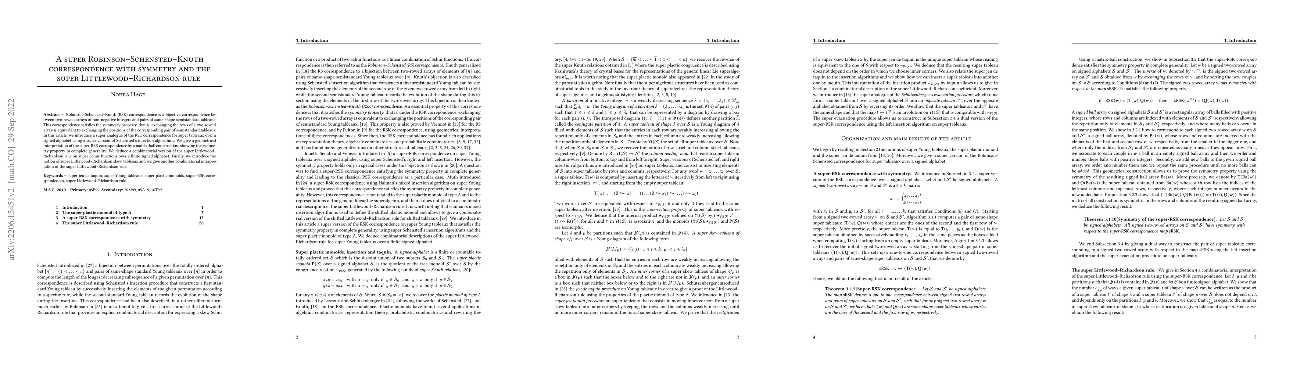 Thumbnail for A super Robinson-Schensted-Knuth correspondence with symmetry and the
  super Littlewood-Richardson rule