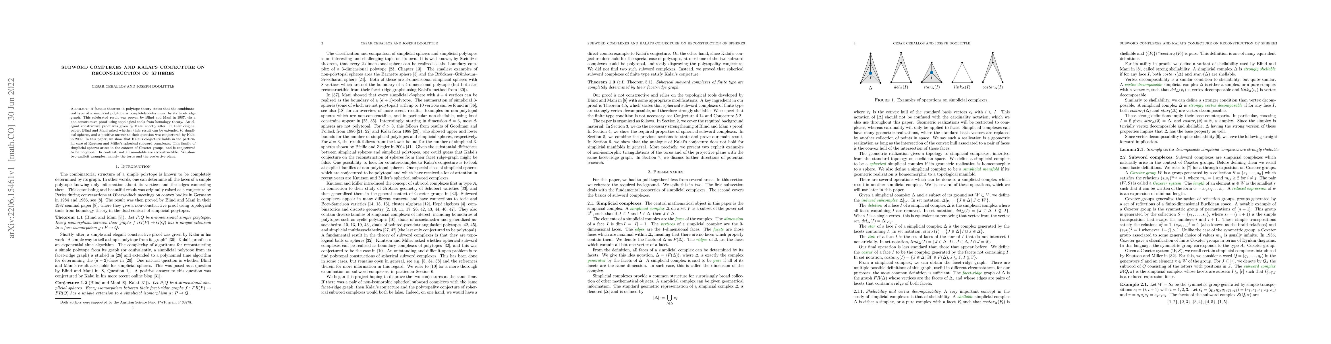 Thumbnail for Subword Complexes and Kalai's Conjecture on Reconstruction of Spheres