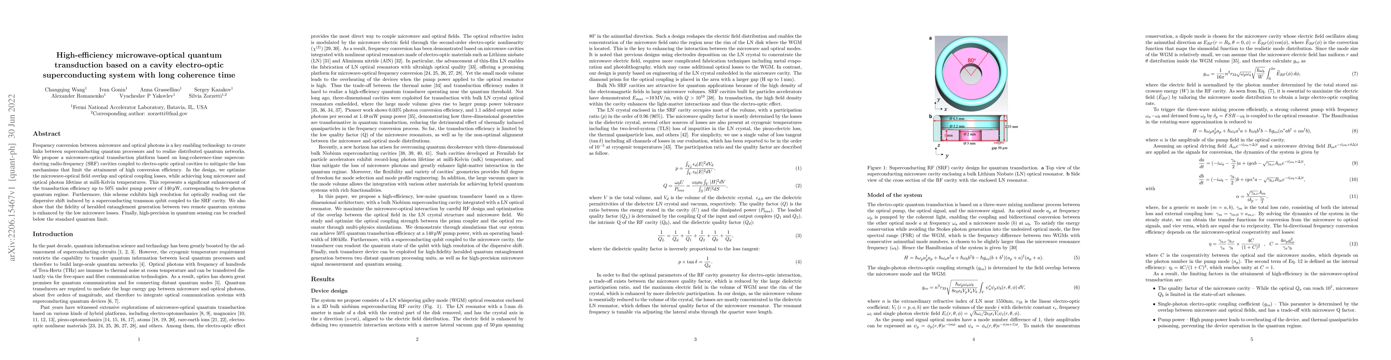 Thumbnail for High-efficiency microwave-optical quantum transduction based on a cavity
  electro-optic superconducting system with long coherence time