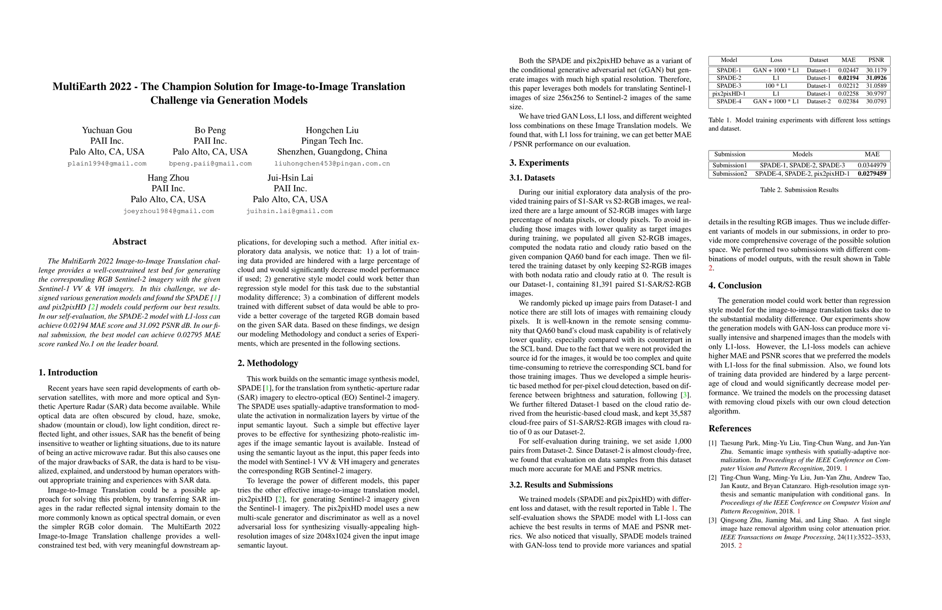 Thumbnail for MultiEarth 2022 -- The Champion Solution for Image-to-Image Translation
  Challenge via Generation Models