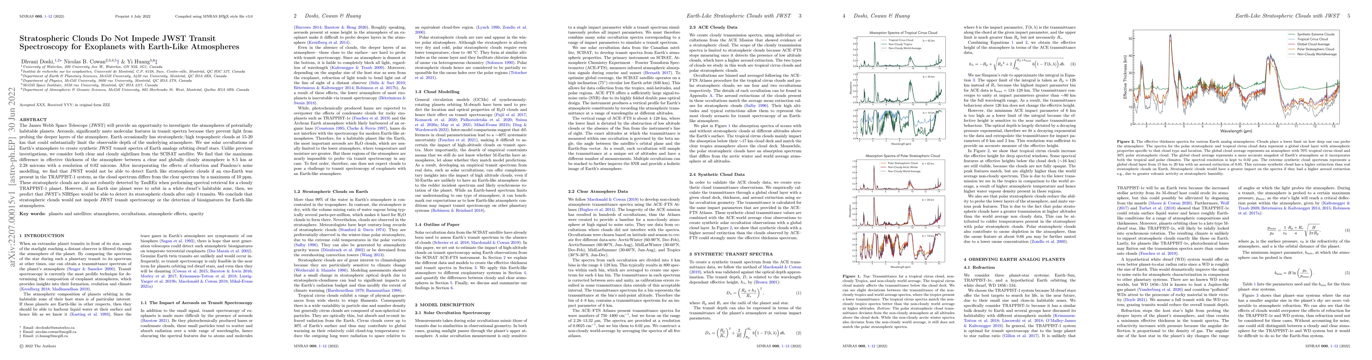 Thumbnail for Stratospheric Clouds Do Not Impede JWST Transit Spectroscopy for
  Exoplanets with Earth-Like Atmospheres