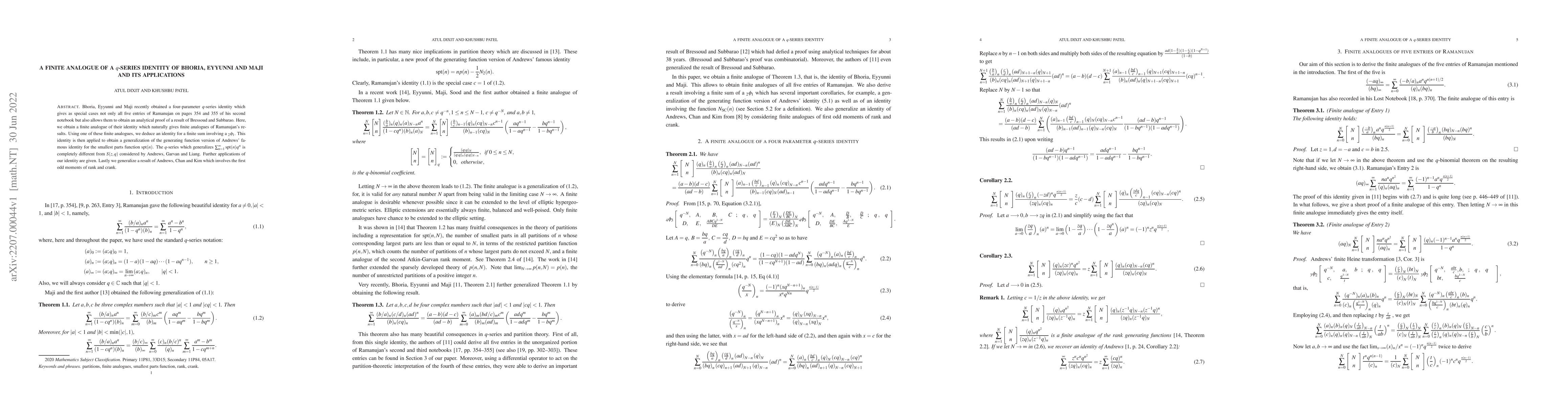 Thumbnail for A finite analogue of a $q$-series identity of Bhoria, Eyyunni and Maji
  and its applications