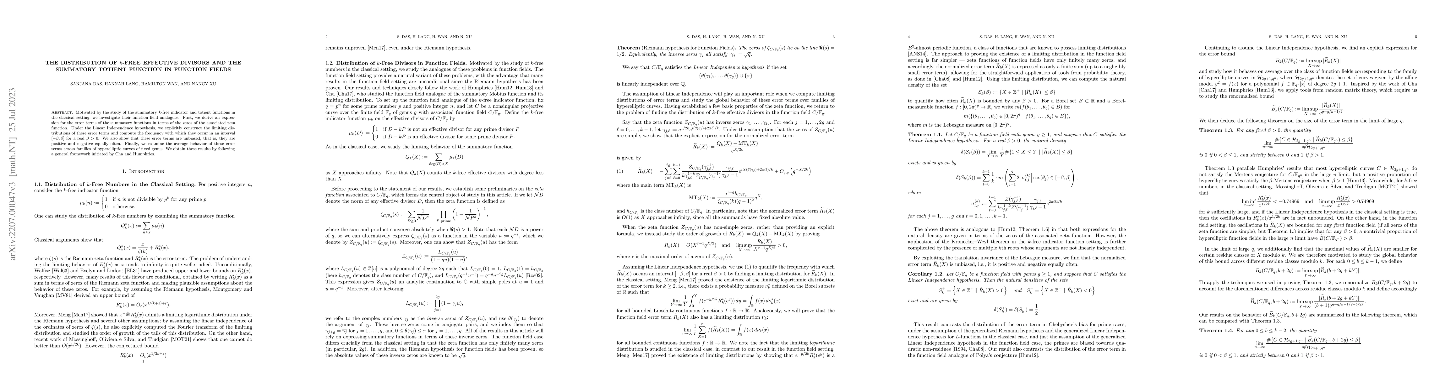 Thumbnail for The Distribution of $k$-Free Effective Divisors and the Summatory
  Totient Function in Function Fields
