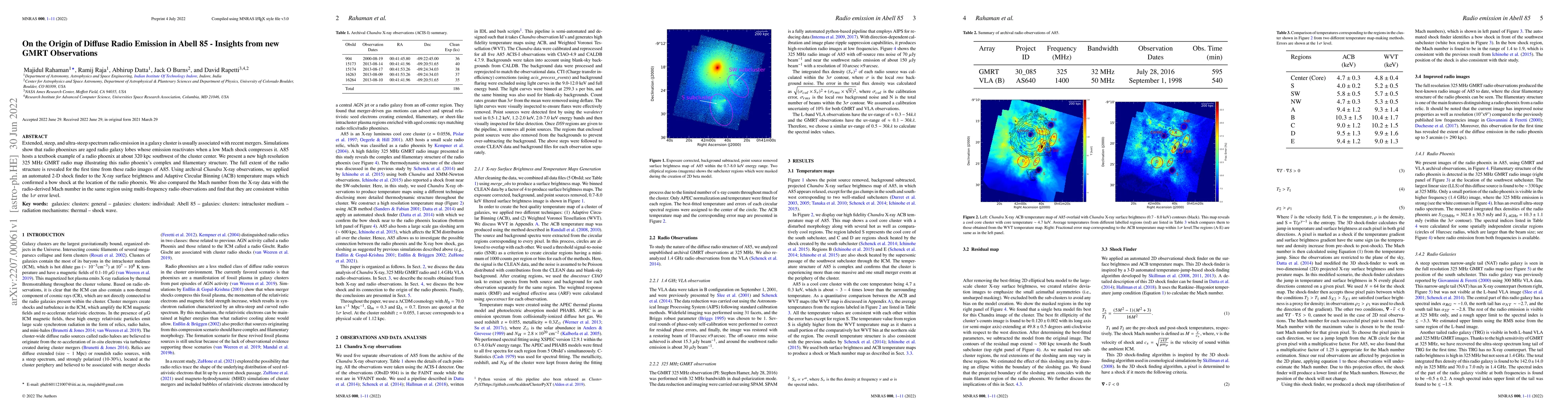 Thumbnail for On the Origin of Diffuse Radio Emission in Abell 85 -- Insights from new
  GMRT Observations