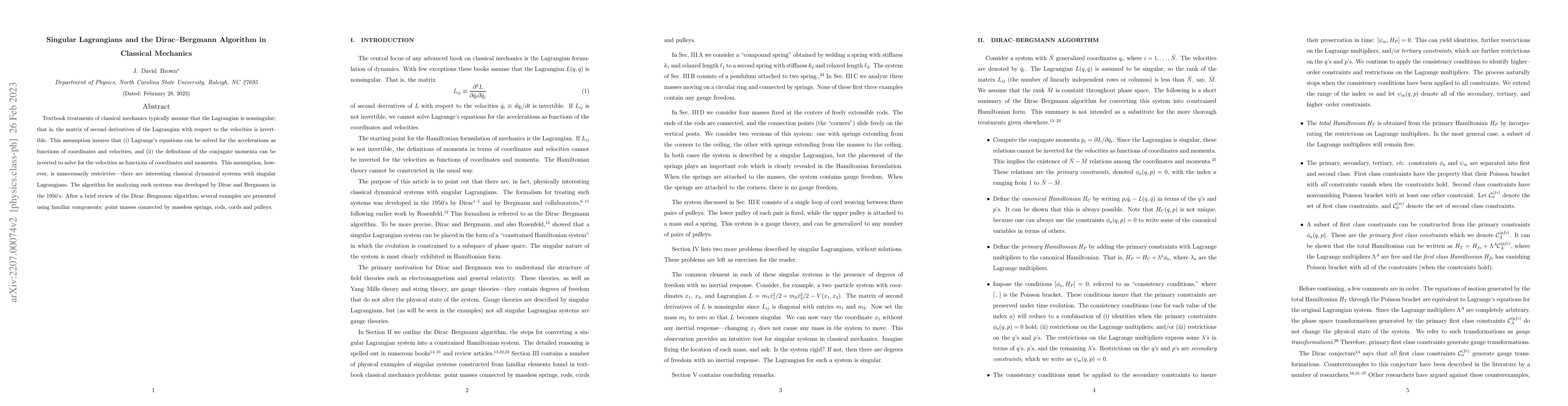 Thumbnail for Singular Lagrangians and the Dirac--Bergmann Algorithm in Classical
  Mechanics
