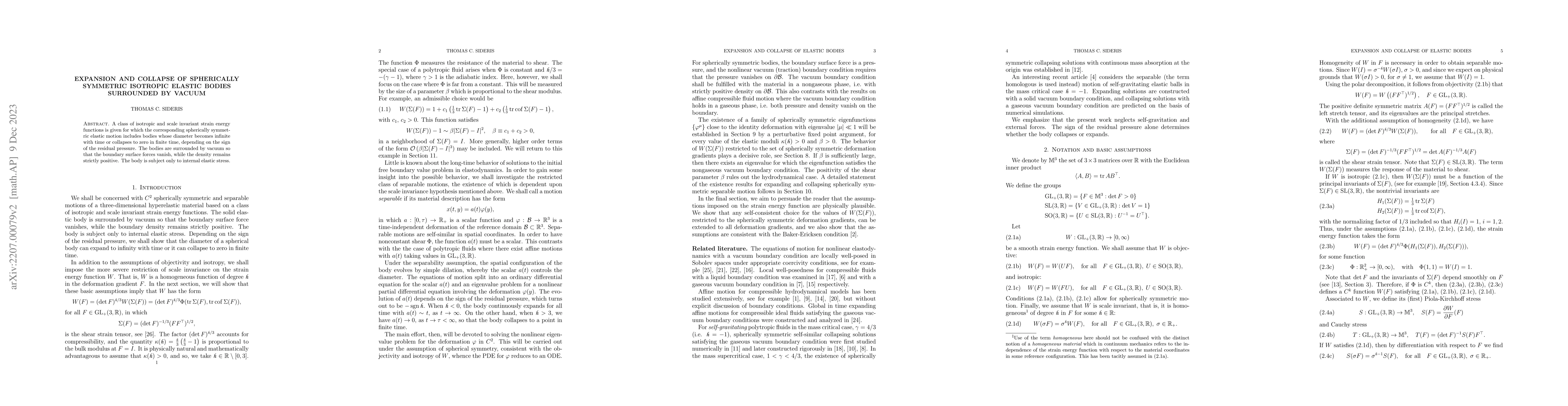 Thumbnail for Expansion and collapse of spherically symmetric isotropic elastic bodies
  surrounded by vacuum