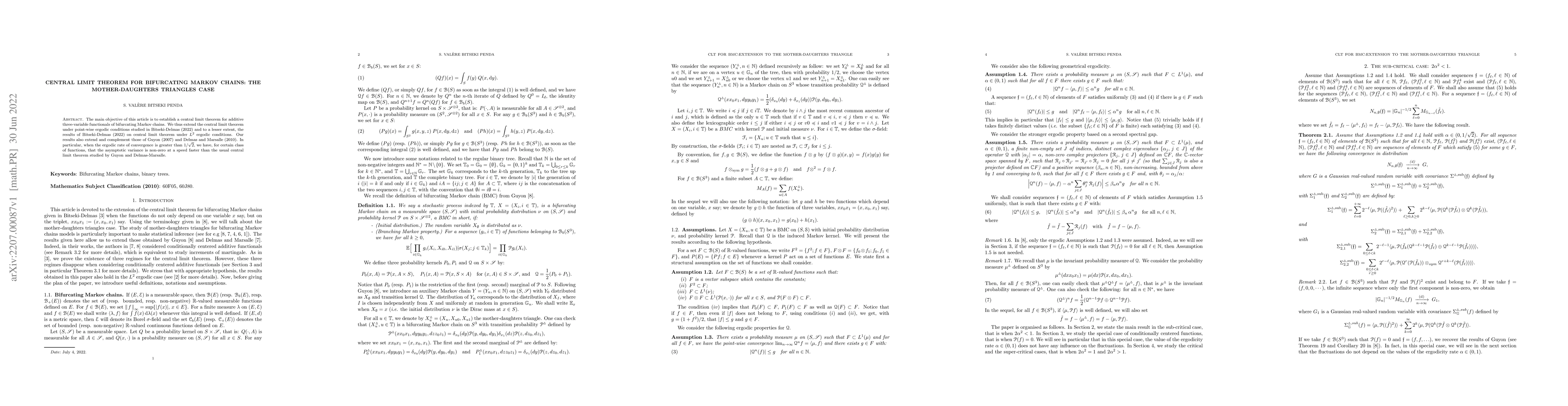 Thumbnail for Central limit theorem for bifurcating Markov chains: the
  mother-daughters triangles case