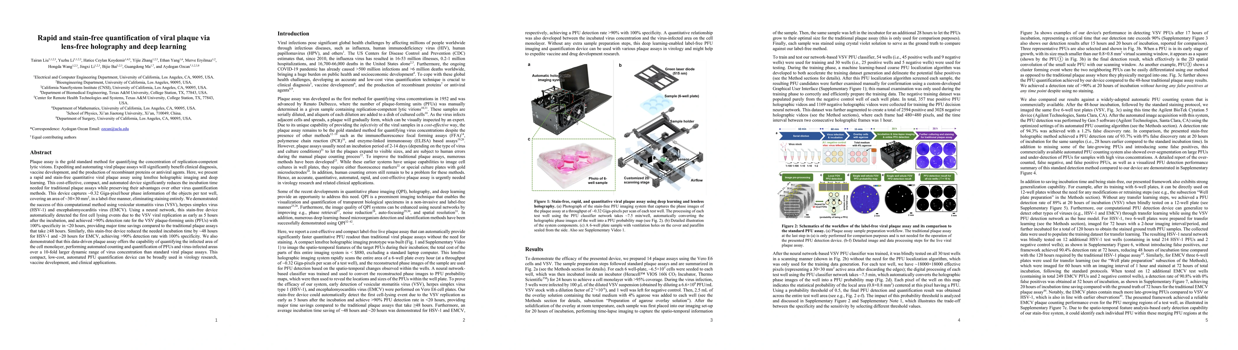 Thumbnail for Rapid and stain-free quantification of viral plaque via lens-free
  holography and deep learning