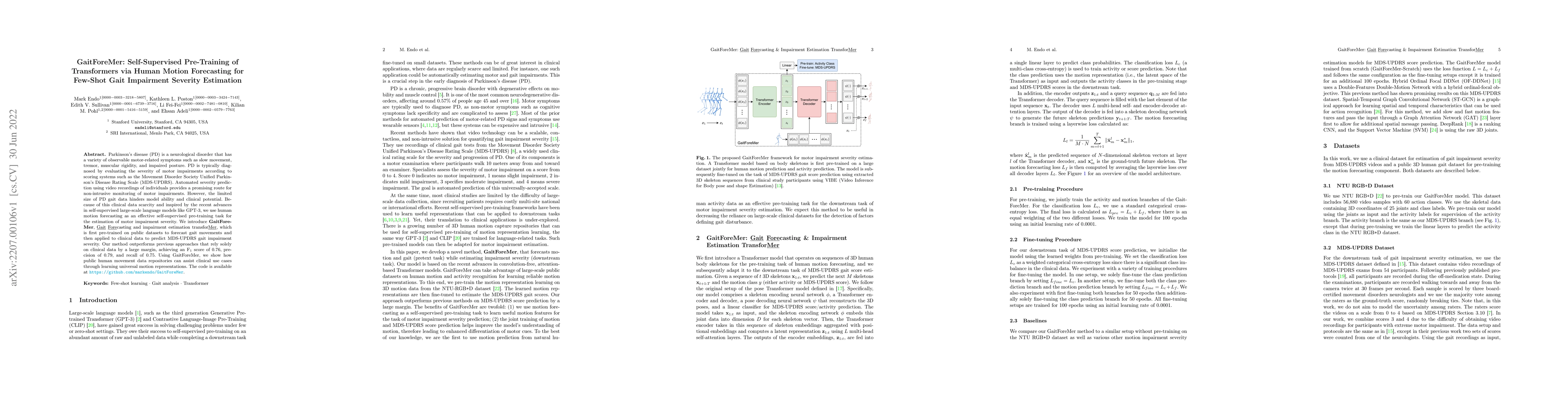 Thumbnail for GaitForeMer: Self-Supervised Pre-Training of Transformers via Human
  Motion Forecasting for Few-Shot Gait Impairment Severity Estimation