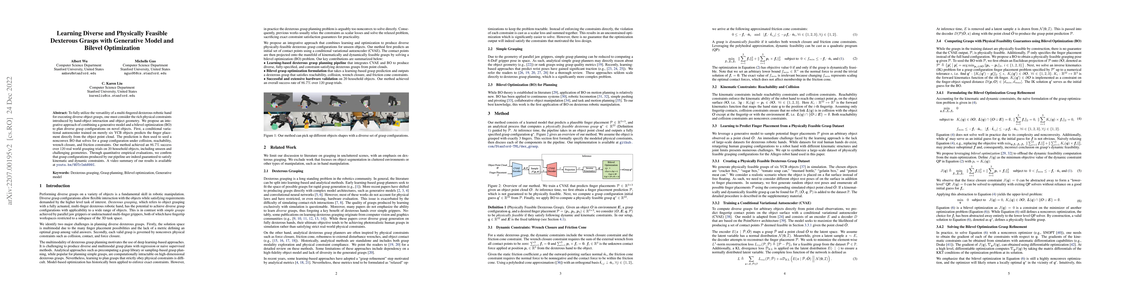 Thumbnail for Learning Diverse and Physically Feasible Dexterous Grasps with
  Generative Model and Bilevel Optimization
