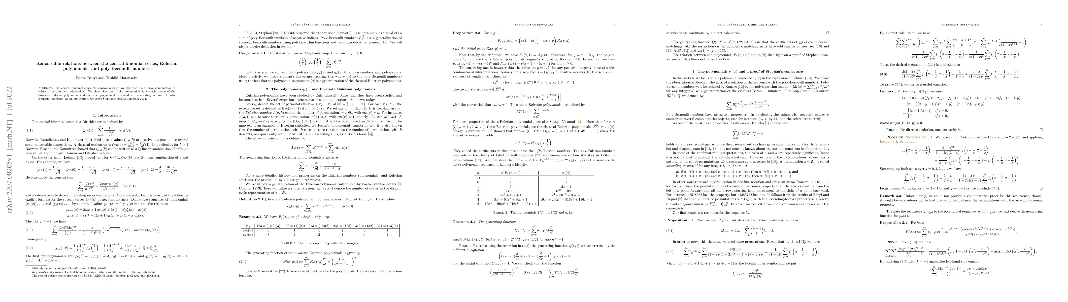Thumbnail for Remarkable relations between the central binomial series, Eulerian
  polynomials, and poly-Bernoulli numbers