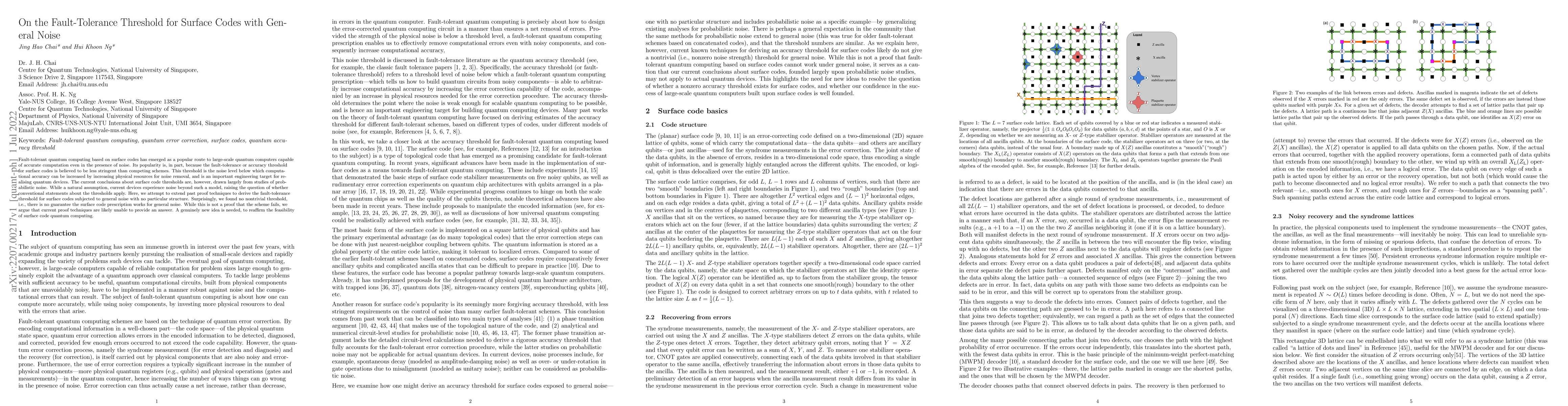 Thumbnail for On the fault-tolerance threshold for surface codes with general noise