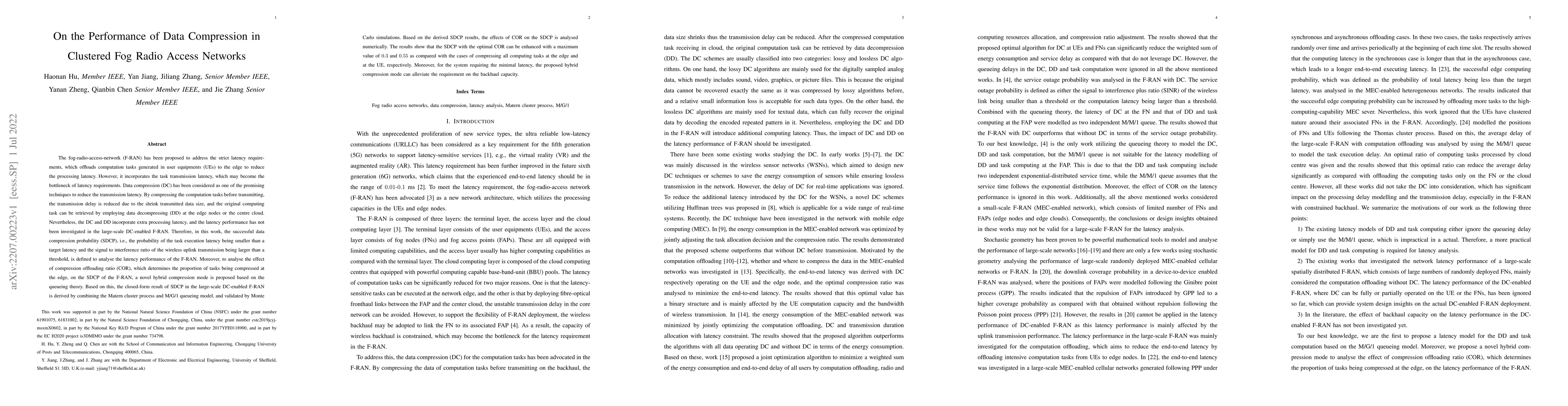 Thumbnail for On the Performance of Data Compression in Clustered Fog Radio Access
  Networks