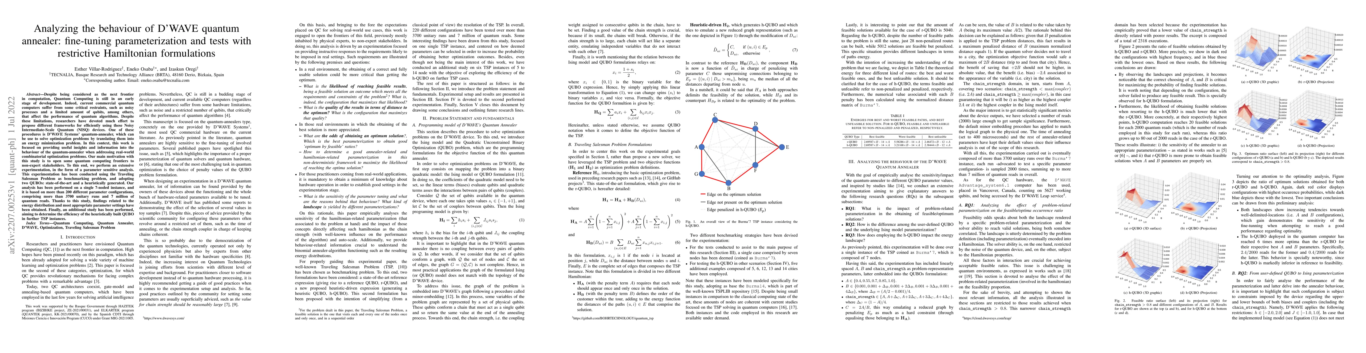 Thumbnail for Analyzing the behaviour of D'WAVE quantum annealer: fine-tuning
  parameterization and tests with restrictive Hamiltonian formulations