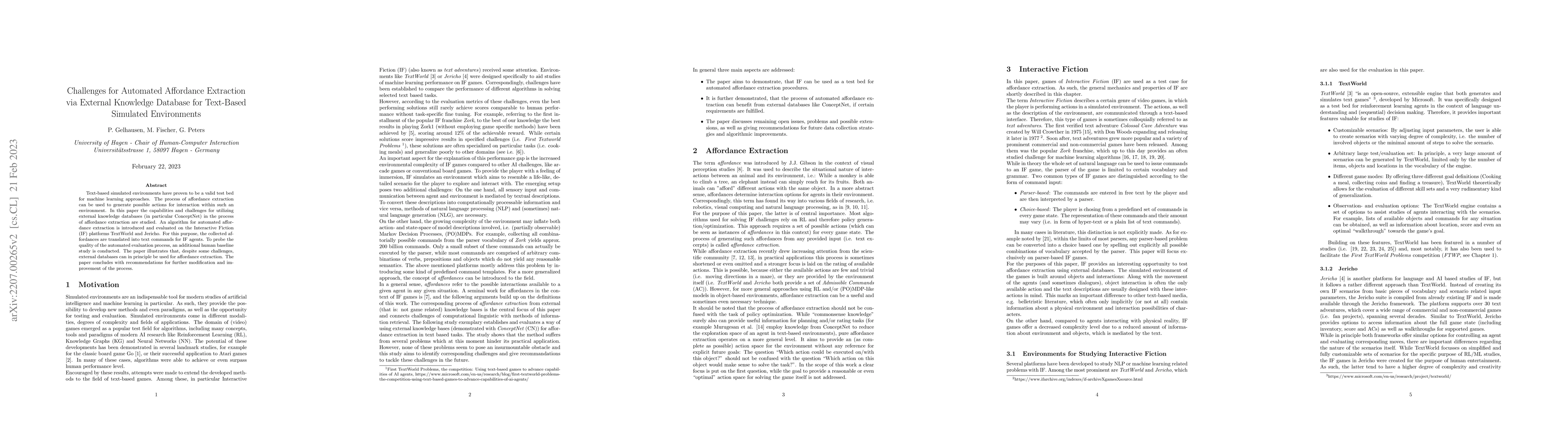 Thumbnail for Affordance Extraction with an External Knowledge Database for Text-Based
  Simulated Environments