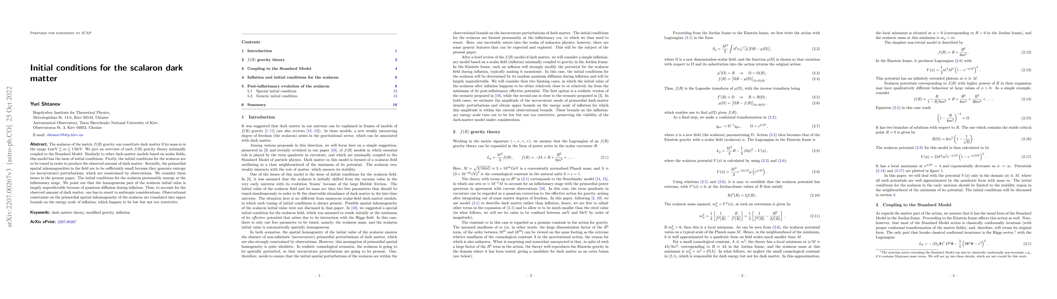Thumbnail for Initial conditions for the scalaron dark matter