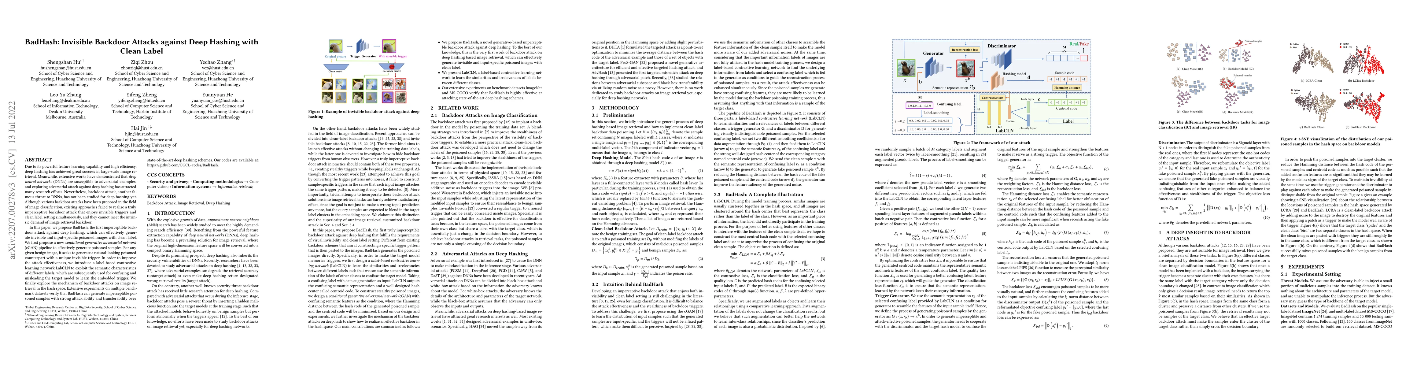 Thumbnail for BadHash: Invisible Backdoor Attacks against Deep Hashing with Clean
  Label