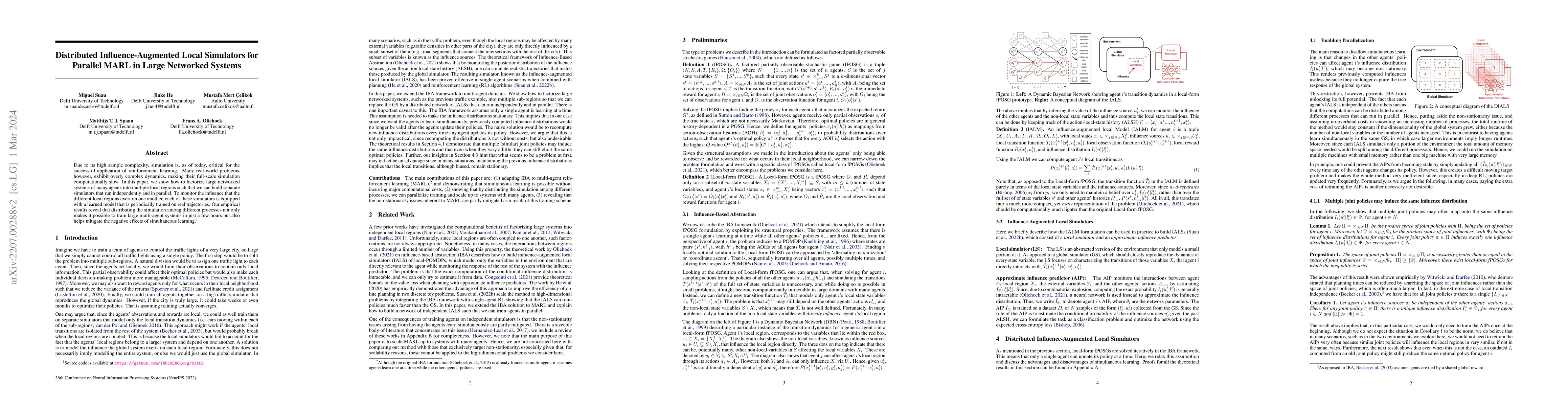 Thumbnail for Distributed Influence-Augmented Local Simulators for Parallel MARL in
  Large Networked Systems