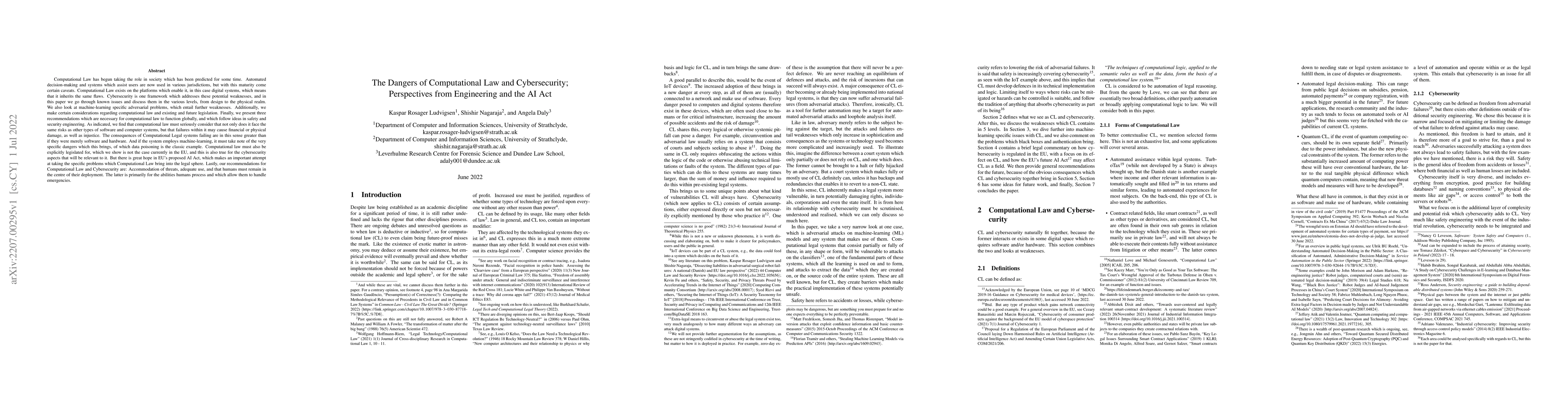 Thumbnail for The Dangers of Computational Law and Cybersecurity; Perspectives from
  Engineering and the AI Act
