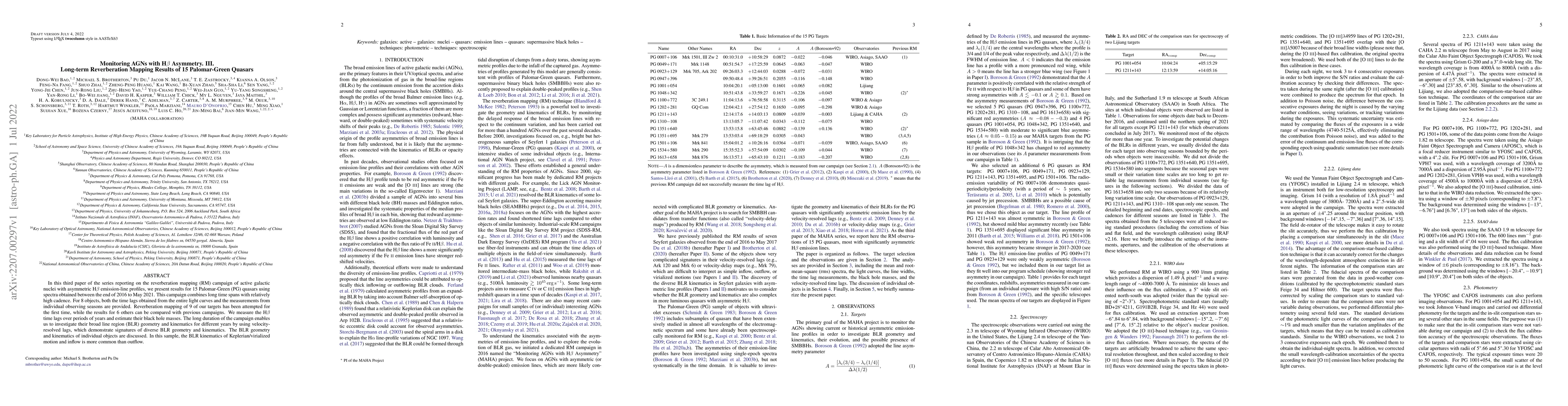 Thumbnail for Monitoring AGNs with H$\beta$ Asymmetry. III. Long-term Reverberation
  Mapping Results of 15 Palomar-Green Quasars