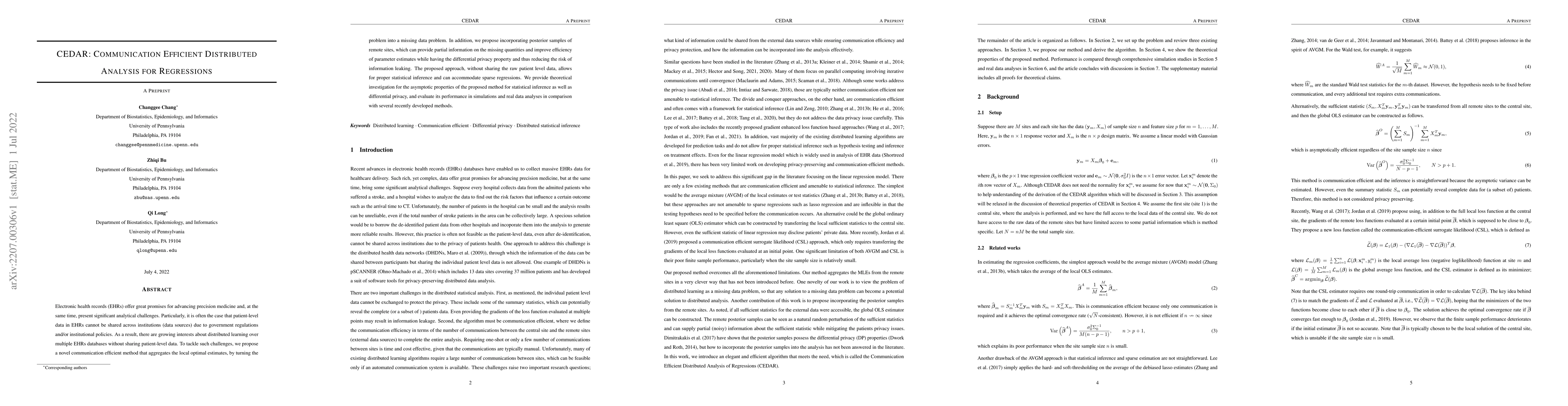Thumbnail for CEDAR: Communication Efficient Distributed Analysis for Regressions
