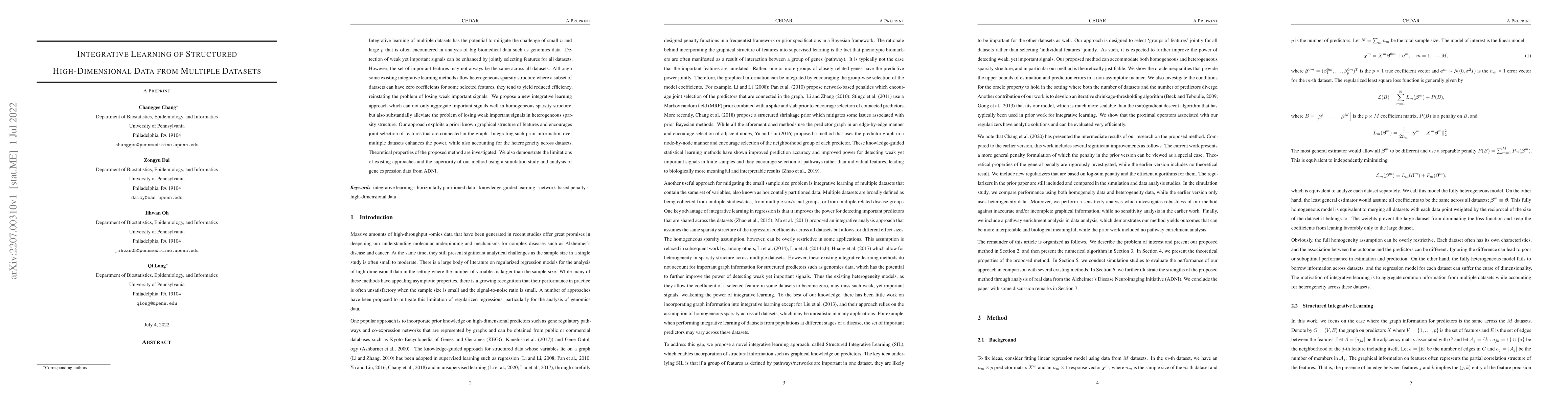 Thumbnail for Integrative Learning of Structured High-Dimensional Data from Multiple
  Datasets
