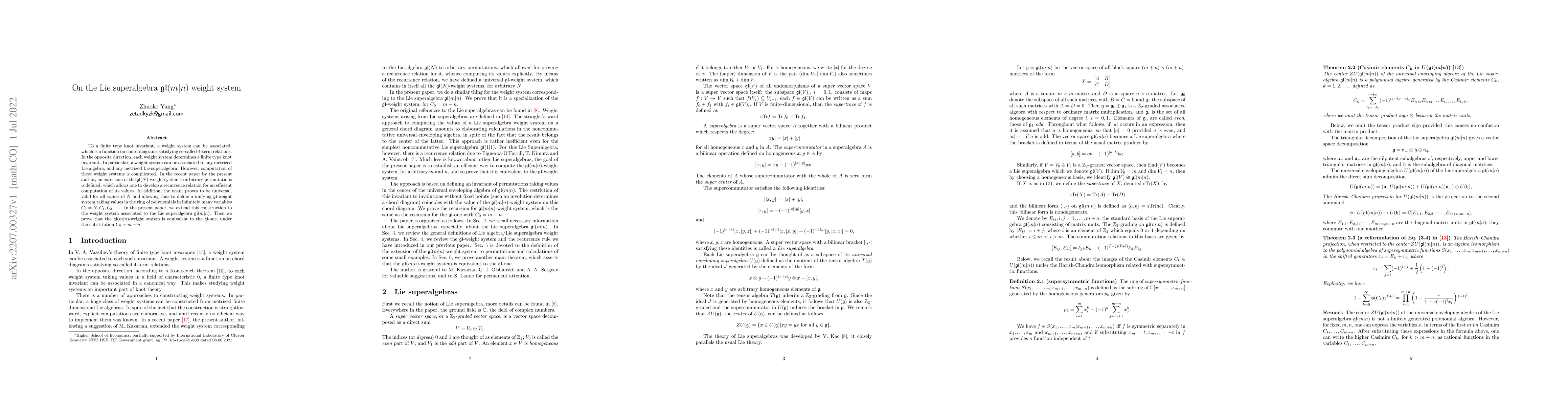 Thumbnail for On the Lie superalgebra $\mathfrak{gl}(m|n)$ weight system