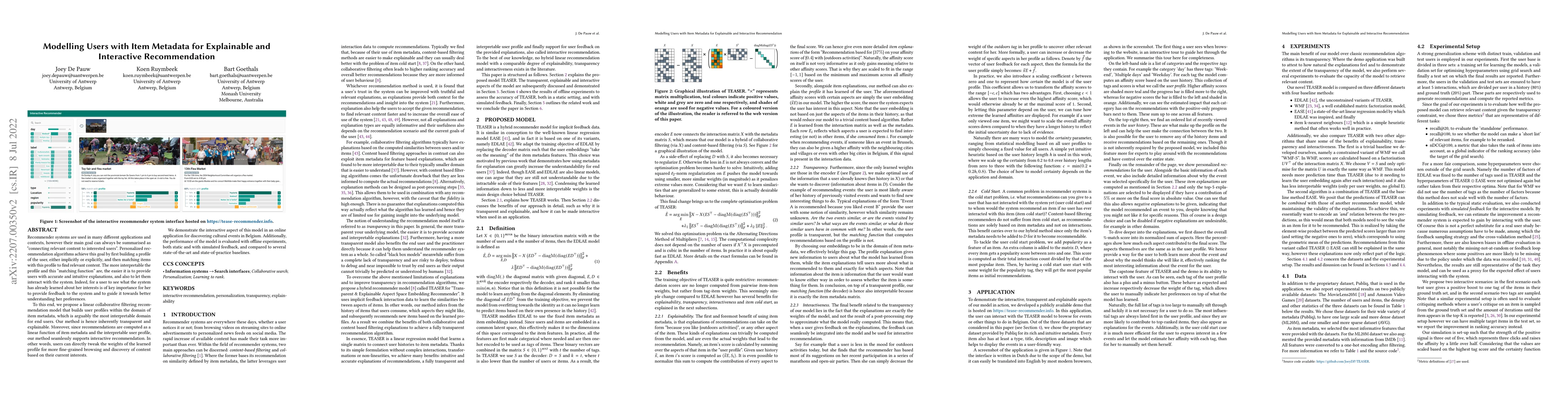 Thumbnail for Modelling Users with Item Metadata for Explainable and Interactive
  Recommendation
