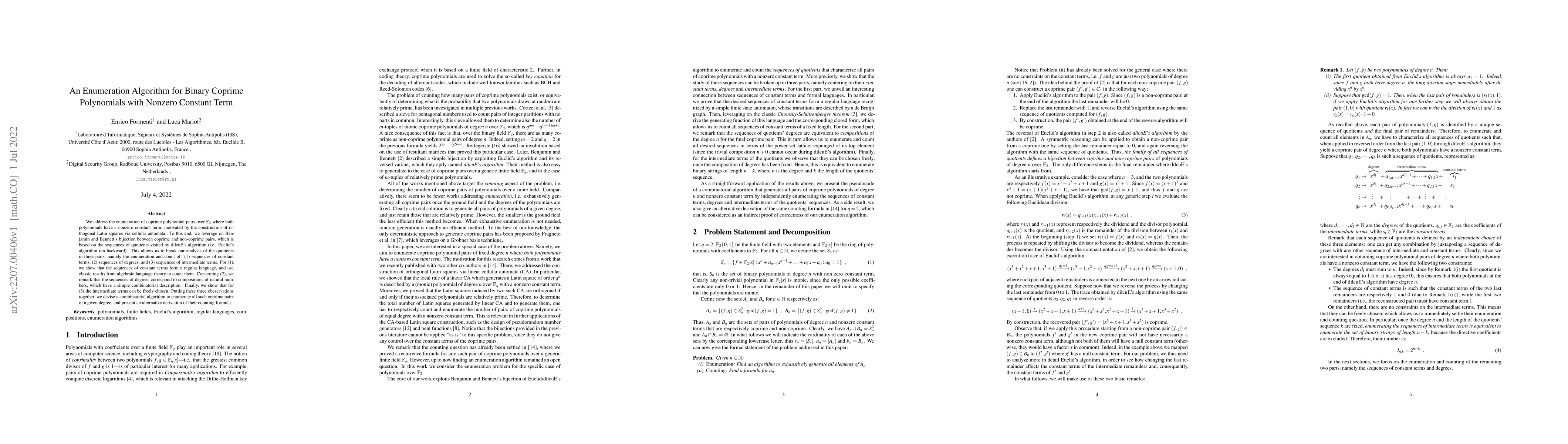 Thumbnail for An Enumeration Algorithm for Binary Coprime Polynomials with Nonzero
  Constant Term