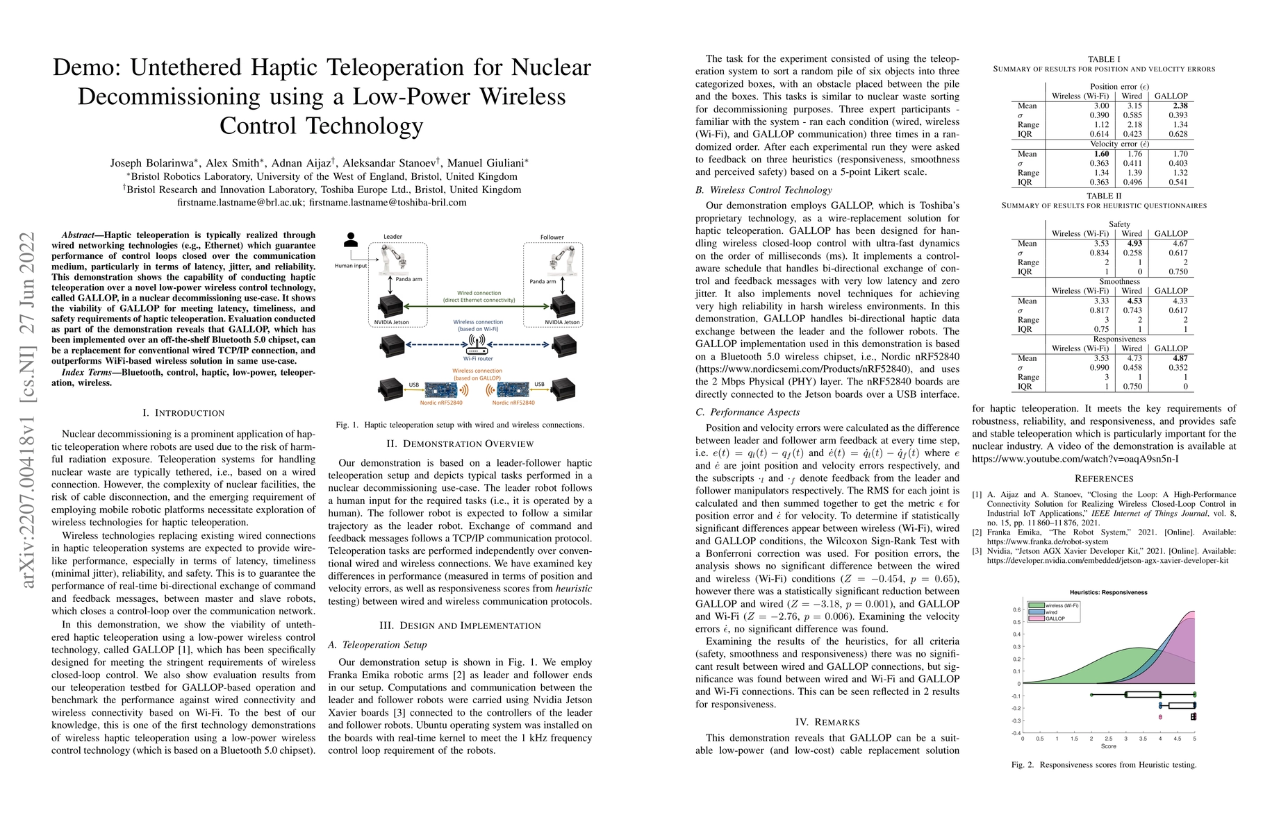 Thumbnail for Demo: Untethered Haptic Teleoperation for Nuclear Decommissioning using
  a Low-Power Wireless Control Technology