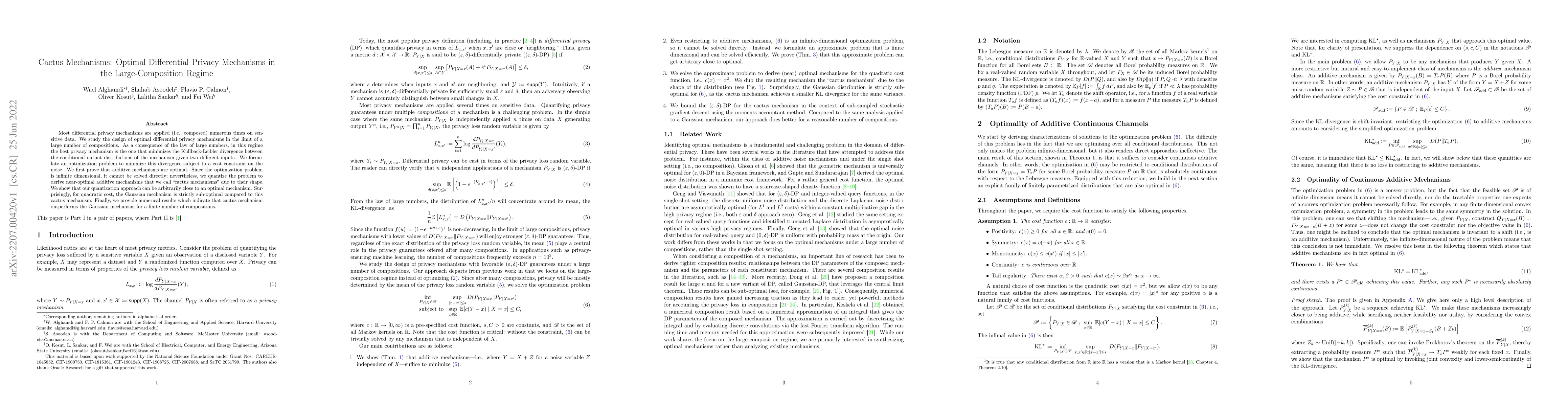 Thumbnail for Cactus Mechanisms: Optimal Differential Privacy Mechanisms in the
  Large-Composition Regime