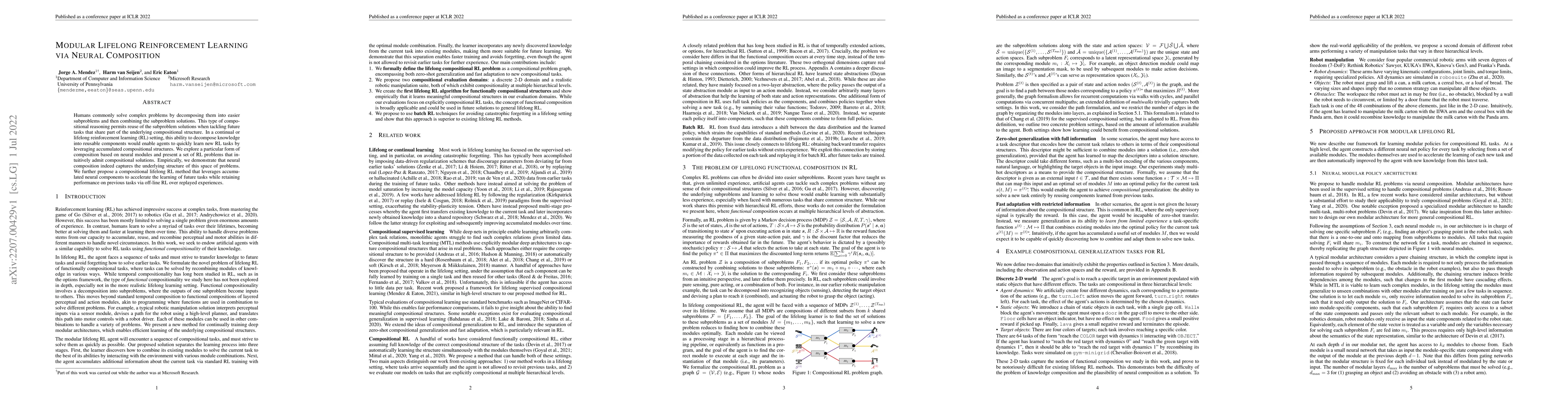 Thumbnail for Modular Lifelong Reinforcement Learning via Neural Composition