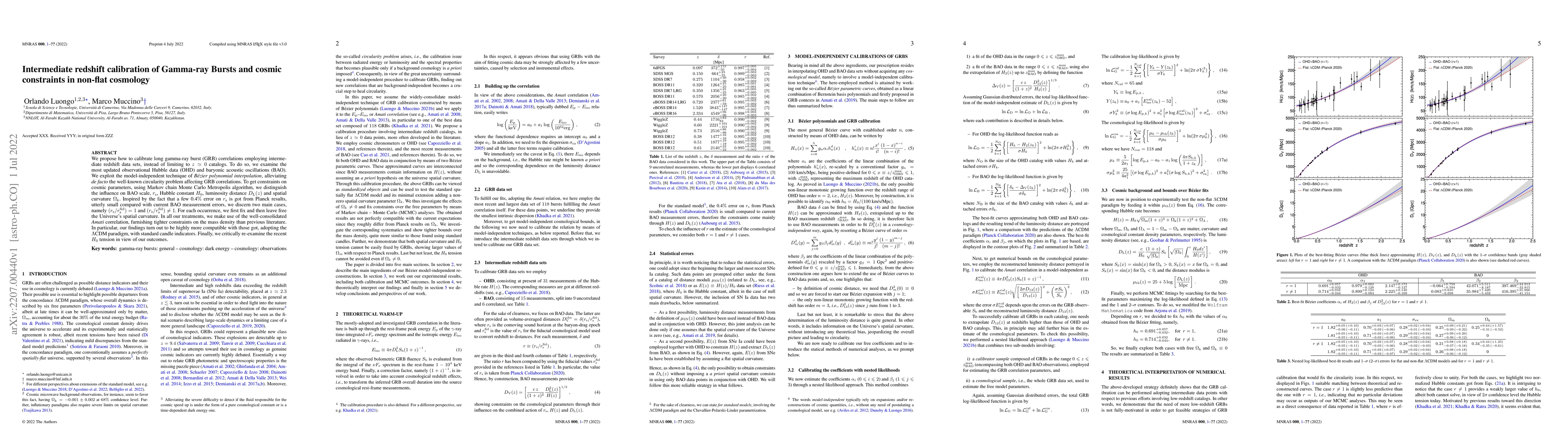 Thumbnail for Intermediate redshift calibration of Gamma-ray Bursts and cosmic
  constraints in non-flat cosmology