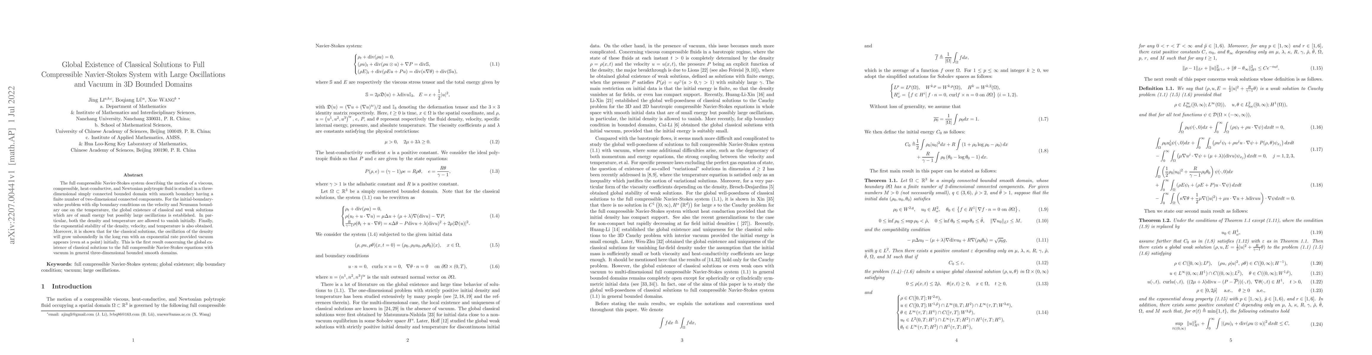 Thumbnail for Global Existence of Classical Solutions to Full Compressible
  Navier-Stokes System with Large Oscillations and Vacuum in 3D Bounded Domains
