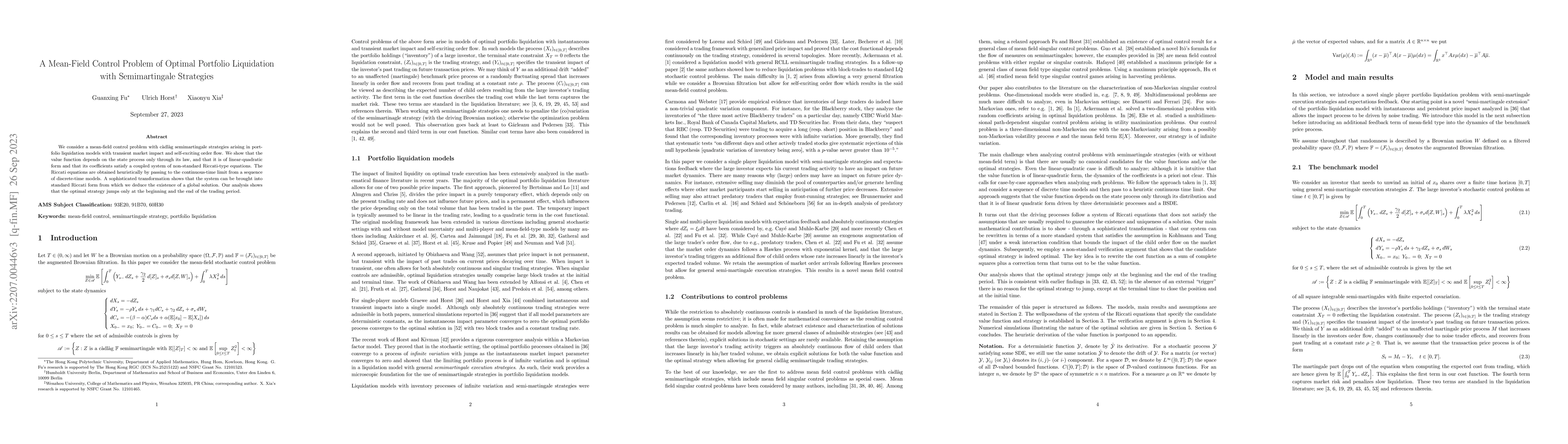 Thumbnail for A Mean-Field Control Problem of Optimal Portfolio Liquidation with
  Semimartingale Strategies